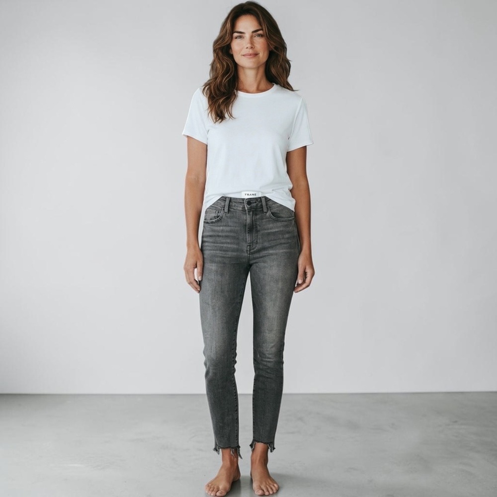 Frame Denim High Rise Skinny Jeans Grey Frayed Raw Hem Ankle Slit 27  Edgy Grung